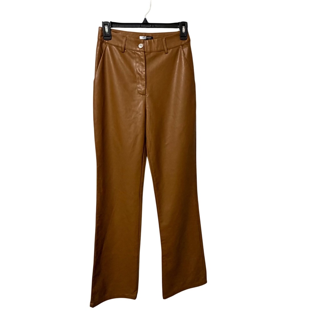 Day & Night Faux Leather Flare Pants Cognac Brown High Rise Retro 70's Womens S‎